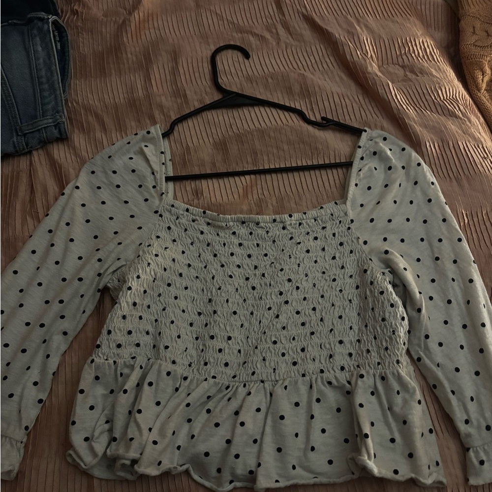 American Eagle Outfitters Black and White Polka Dot Smocked Blouse